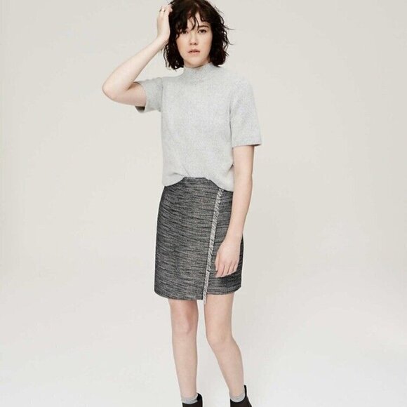 LOFT Heather Black and White Tweed Faux Wrap Skirt - Picture 1 of 16